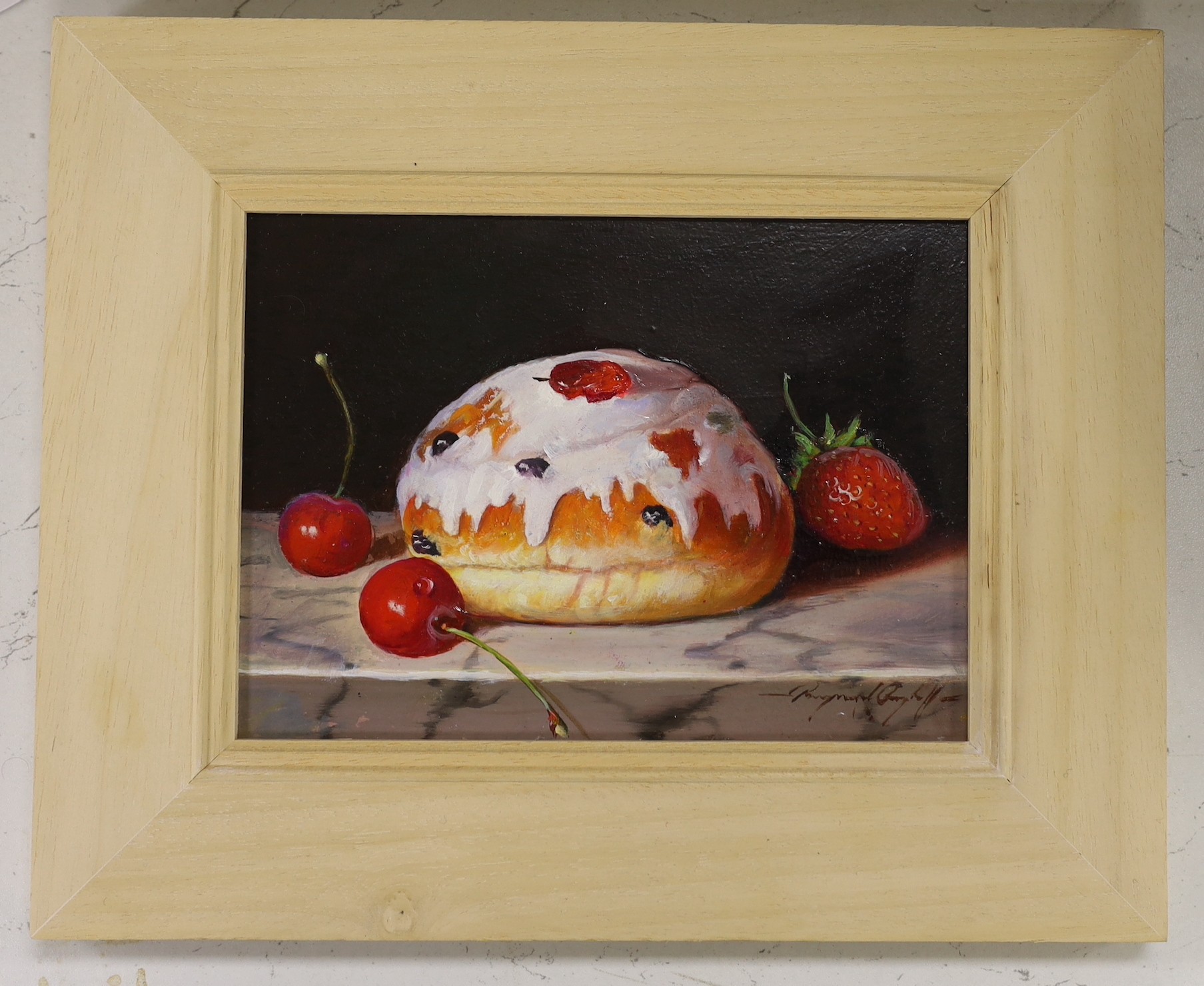 Raymond Campbell (b.1956),oil on board, 'Iced Bun with Cherries', signed, 14 x 19cm